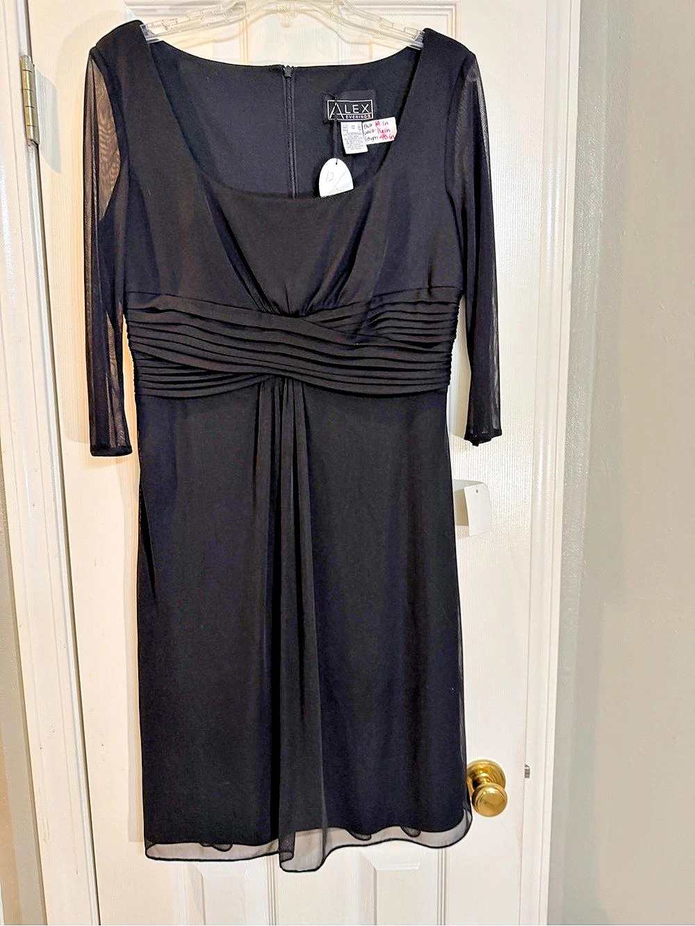 Alex Evenings Chiffon Ruched Midi Dress with Sheer Sleeves Black Size 12 NWT